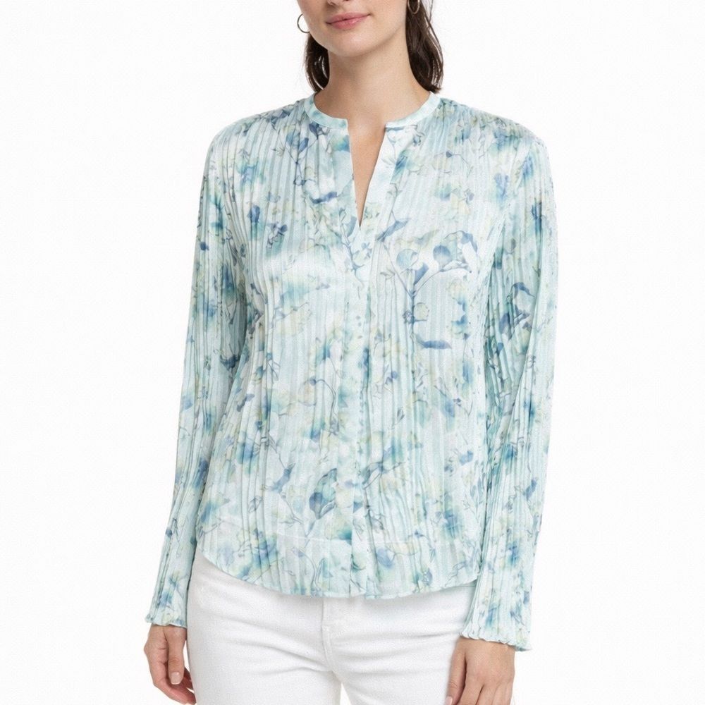 Vince Crushed Pleated Floral Blouse XS Blue Green Split Neck Workwear Style